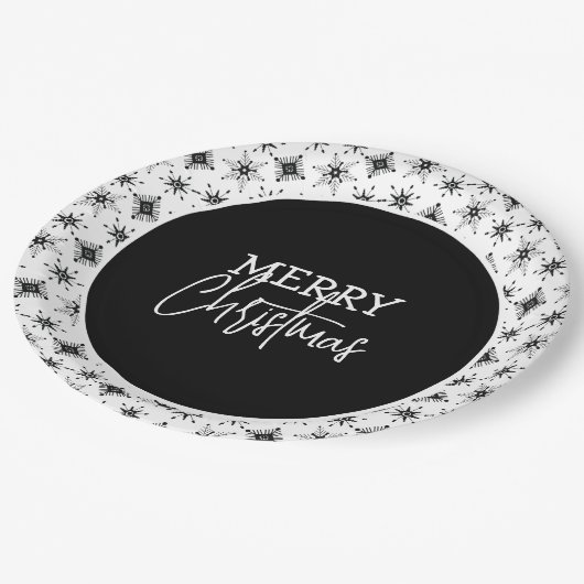 Frohe Weihnachts-Script Black Snowflakes Pappteller (Schrägansicht)