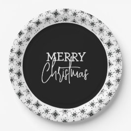 Frohe Weihnachts-Script Black Snowflakes Pappteller