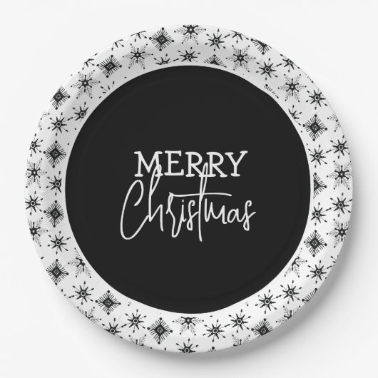 Frohe Weihnachts-Script Black Snowflakes Pappteller (Vorderseite)