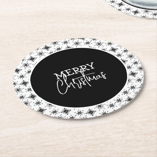 Frohe Weihnachts-Script Black Snowflakes Runder Pappuntersetzer (Angewinkelt)