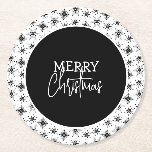 Frohe Weihnachts-Script Black Snowflakes Runder Pappuntersetzer (Vorderseite)