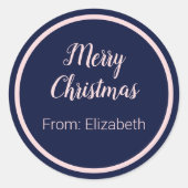 Frohe Weihnachts-Script Blassrosa und dunkelblauer Runder Aufkleber (Vorderseite)