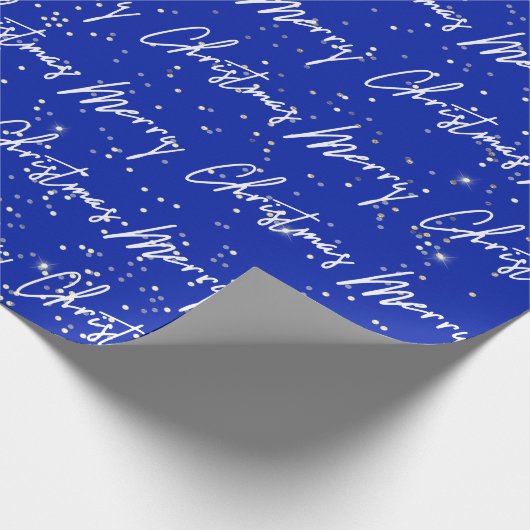 Frohe Weihnachts Script Blue Navy Gold Confetti Geschenkpapier (Ecke)