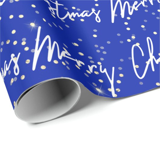 Frohe Weihnachts Script Blue Navy Gold Confetti Geschenkpapier (Rolleneckpunkt)