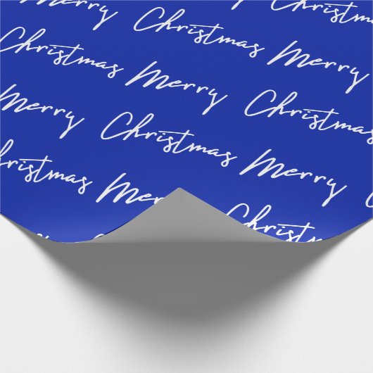 Frohe Weihnachts Script Blue Navy White Winter Geschenkpapier (Ecke)