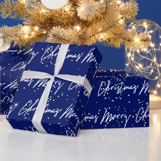 Frohe Weihnachts-Script Blue White Gold Confetti Geschenkpapier (Feiertage)