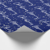 Frohe Weihnachts-Script Blue White Gold Confetti Geschenkpapier (Ecke)