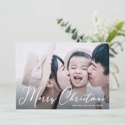 Frohe Weihnachts-Script Blumendruck Fotokarte (Stehend Vorderseite)