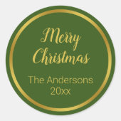 Frohe Weihnachts-Script dunkel Grün & Gold Namensj Runder Aufkleber (Vorderseite)