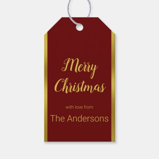 Frohe Weihnachts-Script dunkelrot und Gold Ihr Nam Geschenkanhänger (Vorderseite)