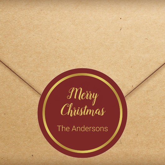 Frohe Weihnachts-Script dunkelrot und Gold Ihr Nam Runder Aufkleber