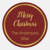 Frohe Weihnachts-Script dunkelrot und Gold Name Ja Runder Aufkleber (Vorderseite)