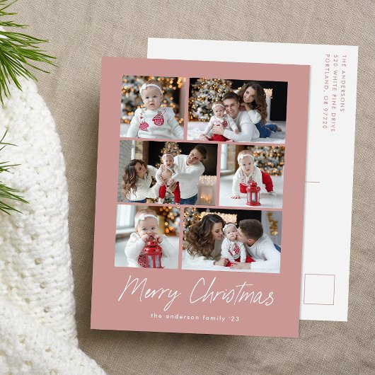 Frohe Weihnachts-Script Dusty Rose 6 Foto Collage Feiertagspostkarte