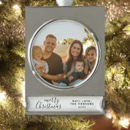 Frohe Weihnachts-Script-Familie Foto Banner-Ornament Silber
