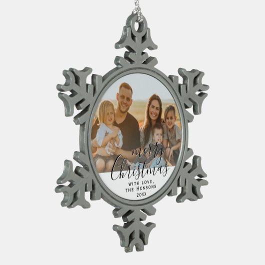 Frohe Weihnachts-Script Familie Foto-Keramik Schneeflocken Zinn-Ornament (Links)