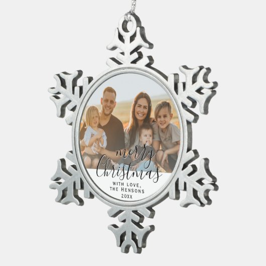 Frohe Weihnachts-Script Familie Foto-Keramik Schneeflocken Zinn-Ornament (Rechts)