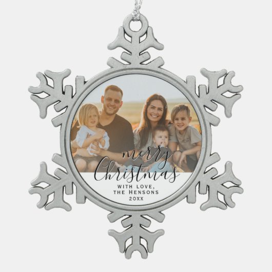 Frohe Weihnachts-Script Familie Foto-Keramik Schneeflocken Zinn-Ornament (Vorderseite)