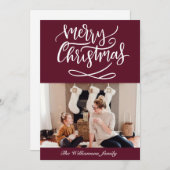 Frohe Weihnachts-Script-Foto Burgundy Feiertagskarte (Vorne/Hinten)