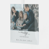 Frohe Weihnachts-Script-Foto Moderner Chic Minimal Ornament Aus Glas (Vorderseite links)