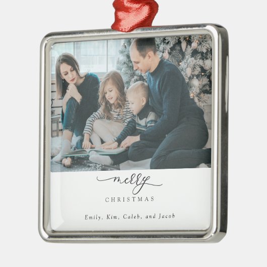 Frohe Weihnachts-Script-Foto Moderner Chic Minimal Ornament Aus Metall (Links)