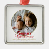 Frohe Weihnachts-Script-Foto Monogram Ornament Aus Metall (Vorne)