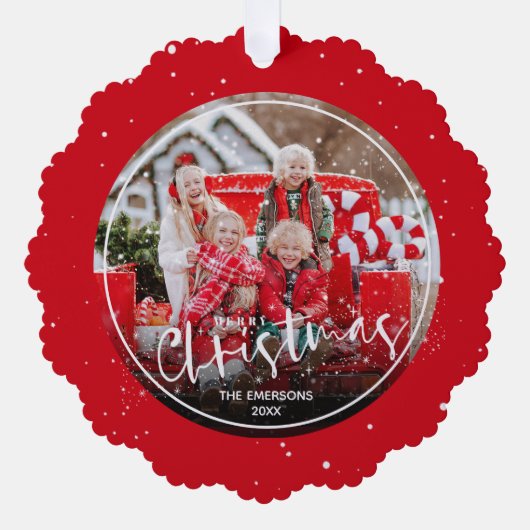 Frohe Weihnachts-Script-Foto Ornament Karte (Vorderseite)