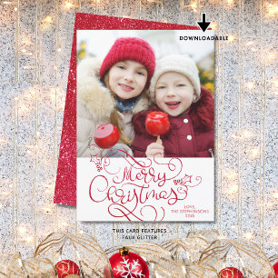 Frohe Weihnachts-Script-Imitate Roter Glitzer Foto Feiertagskarte
