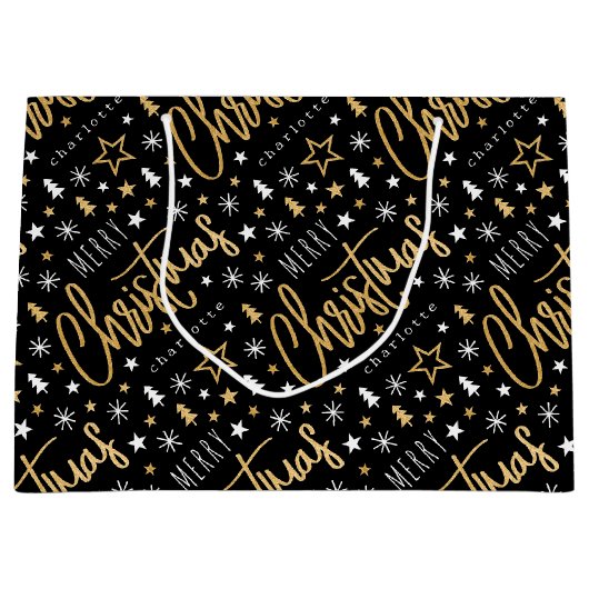Frohe Weihnachts-Script-Individuelle Name Black Im Große Geschenktüte (Vorderseite)