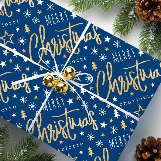Frohe Weihnachts Script Individuelle Name Blue Imi Geschenkpapier
