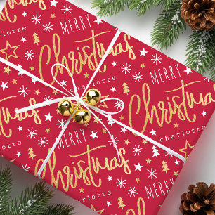 Frohe Weihnachts Script Individuelle Name Red Imit Geschenkpapier