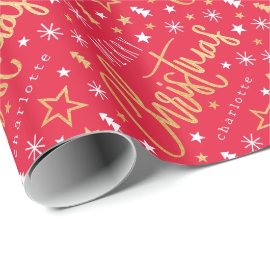 Frohe Weihnachts Script Individuelle Name Red Imit Geschenkpapier (Rolleneckpunkt)