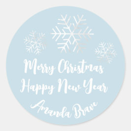 Frohe Weihnachts-Script Name Snowflakes Gray Blue Runder Aufkleber
