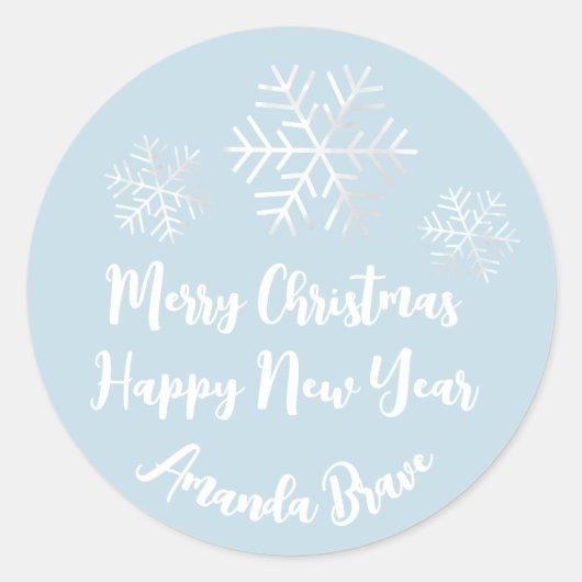 Frohe Weihnachts-Script Name Snowflakes Gray Blue Runder Aufkleber (Vorderseite)