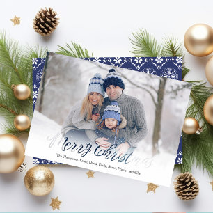 Frohe Weihnachts Script Navy Blue Snowflake 1 Foto Feiertagskarte