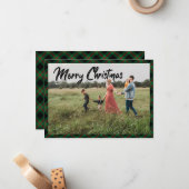 Frohe Weihnachts Script Navy Kariert Foto Holiday Mitteilungskarte (Vorderseite/Rückseite Beispiel)