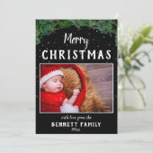 Frohe Weihnachts-Script Pine Black Snowflake Foto Feiertagskarte (Stehend Vorderseite)