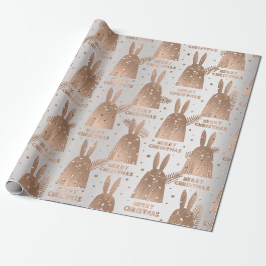 Frohe Weihnachts-Script Rabbit Gray Rose Gold Extr Geschenkpapier (Ungerollt)