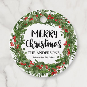 Frohe Weihnachts Script Red Holly Blätter Wreath Geschenkanhänger