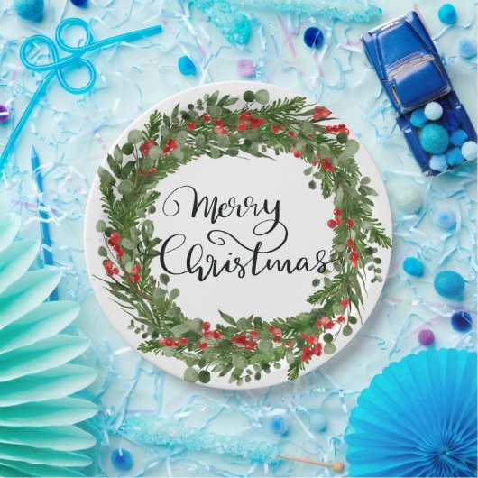 Frohe Weihnachts Script Red Holly Blätter Wreath Pappteller (Party)