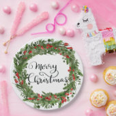 Frohe Weihnachts Script Red Holly Blätter Wreath Pappteller (Party)