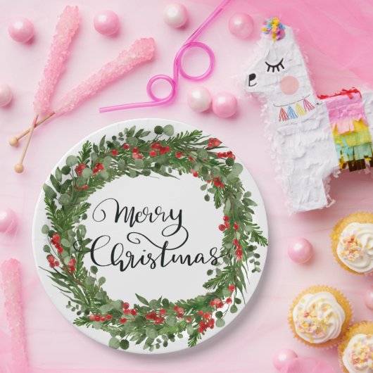 Frohe Weihnachts Script Red Holly Blätter Wreath Pappteller (Party)