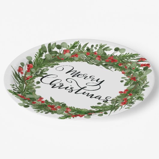 Frohe Weihnachts Script Red Holly Blätter Wreath Pappteller (Schrägansicht)