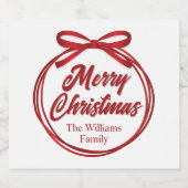 Frohe Weihnachts-Script Red Ribbon Bow Wine Label Schaumweinetikett (Einzelnes Label)