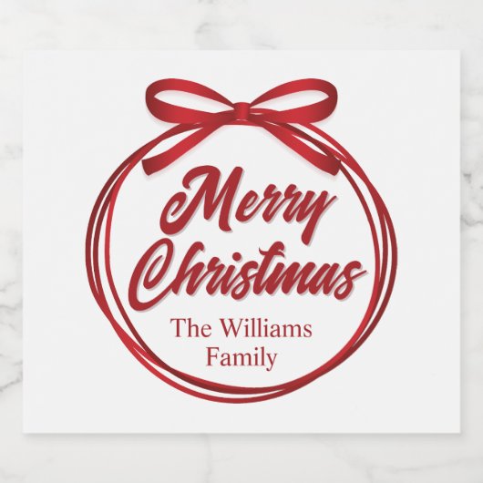 Frohe Weihnachts-Script Red Ribbon Bow Wine Label Schaumweinetikett (Einzelnes Label)