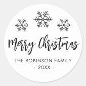 Frohe Weihnachts-Script Schwarz-weiß Snowflake Runder Aufkleber (Vorderseite)