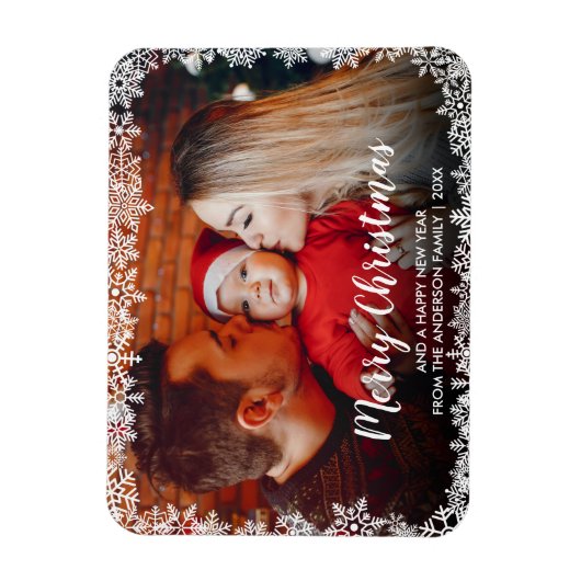 Frohe Weihnachts-Script Snowflakes Foto Magnet (Vertikal)