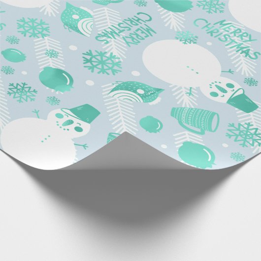 Frohe Weihnachts-Script Snowman White Mint Blue Geschenkpapier (Ecke)