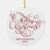 Frohe Weihnachts-Script Typografie Name Red White Keramik Ornament (Hinten)