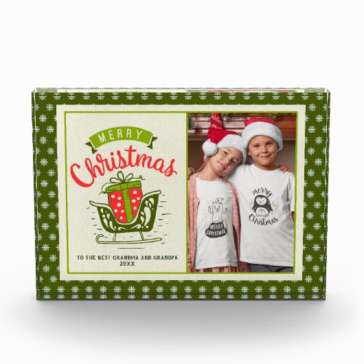 Frohe Weihnachts Sleigh Text Green Snowflake Custo Fotoblock (Vorderseite)