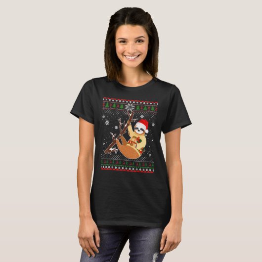 Frohe Weihnachts-Sloth Hat Santa in Snow Ugly Swea T-Shirt (Vorne ganz)